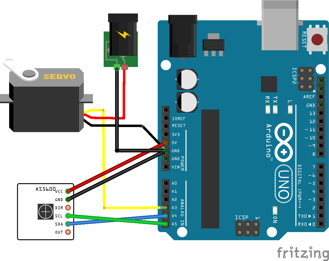 Fritzing wiring diagram showing an Arduino Nano connected to an AS5600 magnetic encoder over I2C and to a servo's signal line, with the servo powered from a separate external supply.